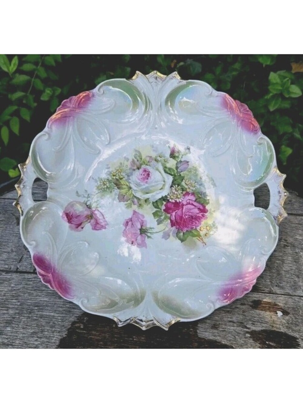 Antique Germany Double Handled Porcelain Plate Platter 10.5” Pink Roses Details